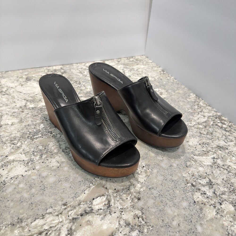 Via Spiga Wedge Slide Black Leather Sandals 7.5